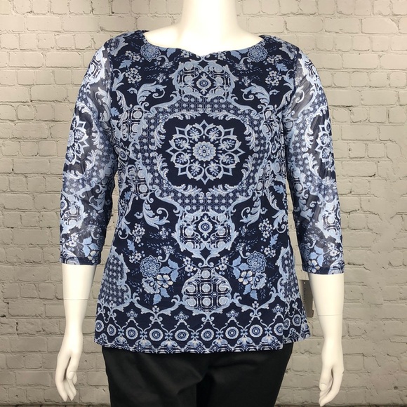 Charter Club Tops - Charter Club Blue Patterned Mesh Overlay Top Sz 1X